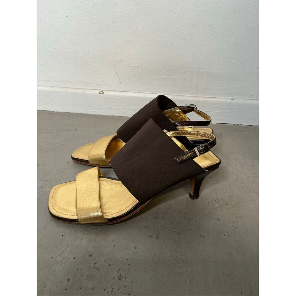 Chanel Open Toe Sandal Heels in Gold and Brown Size 35.5/36